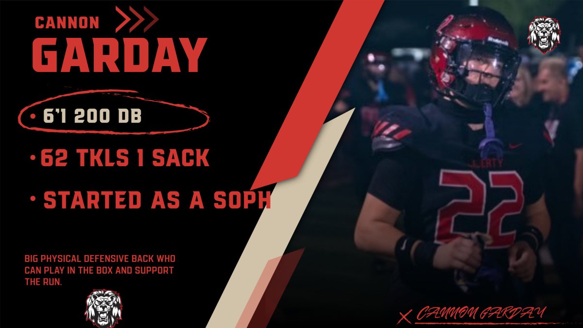 @CannonGarday22 6'1 200 DB 62 Tckls 1 Sack 1 Blocked Punt Class of 2026 Cannon is one of the best young defensive backs in AZ. Big and physical was a force downhill. hudl.com/video/3/179316…