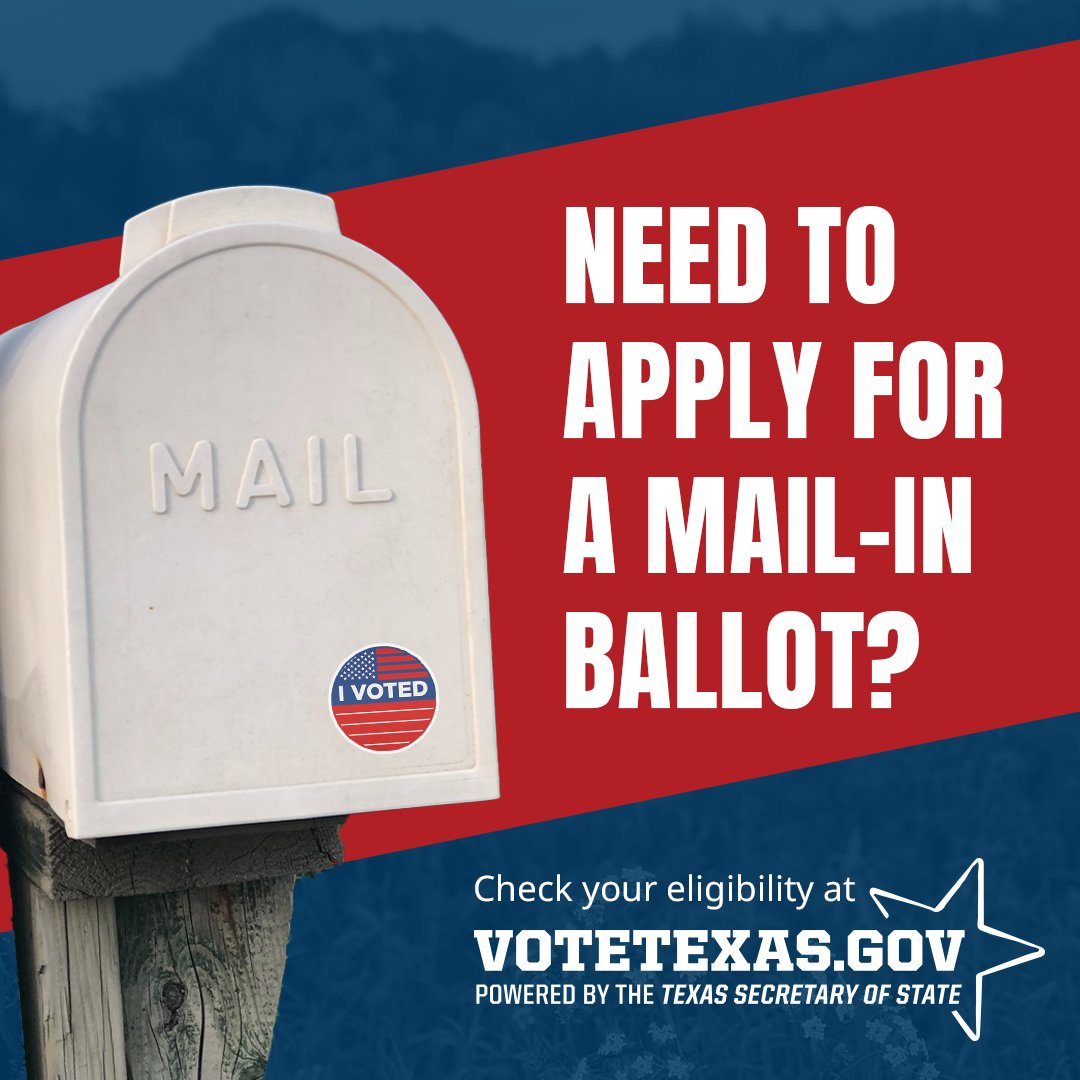 Make a plan for voting this year! Check your eligibility for Mail-In Ballots at votetexas.gov. Here you'll find information on special provisions for military voters and accommodations for disabled voters. #VoteTexas