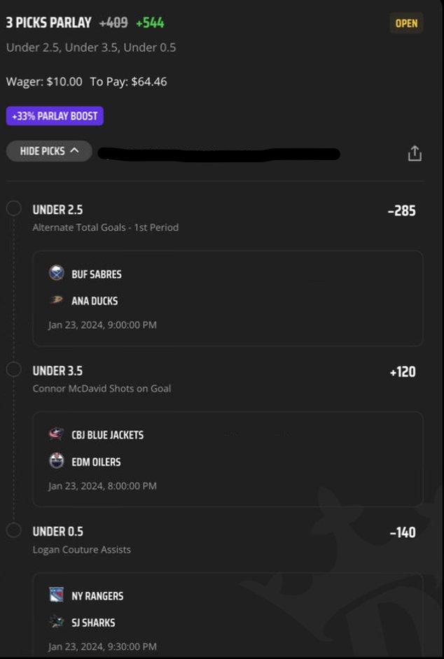 EdgePlayBook's tweet photo. #BetInPublic #WomenInBetting We were very close with both 3 legs parlay on #DraftKings yesterday, both going for 2/3. We are quite excited about this #NHL play today, fair odd of +400 (-2% EV pre boost and 28% EV after the boost) #GamblingX #SweatWithEPB