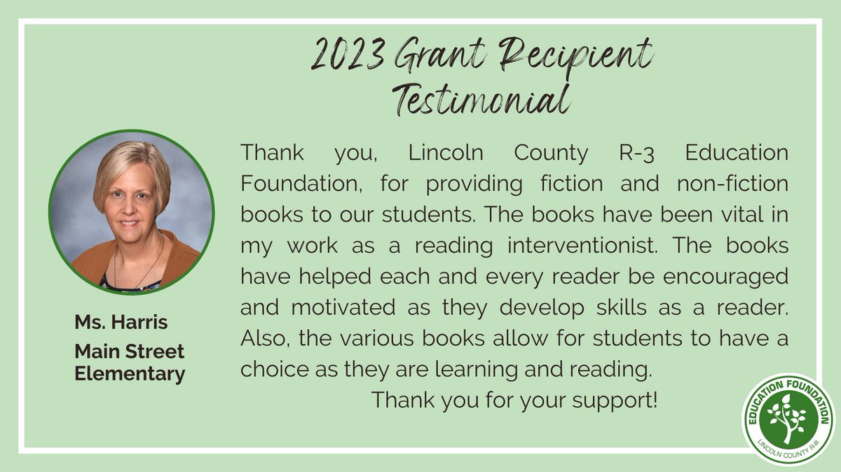 Ms. Harris received a 2023 Education Foundation Grant for new fiction &amp; non-fiction books for her students <a href="/MainStreetElem/">MainStreetElem</a>. Thank you to all of our donors and sponsors for helping to provide these books for our young readers! #supportourstudents #proud2br3 #lcr3ef