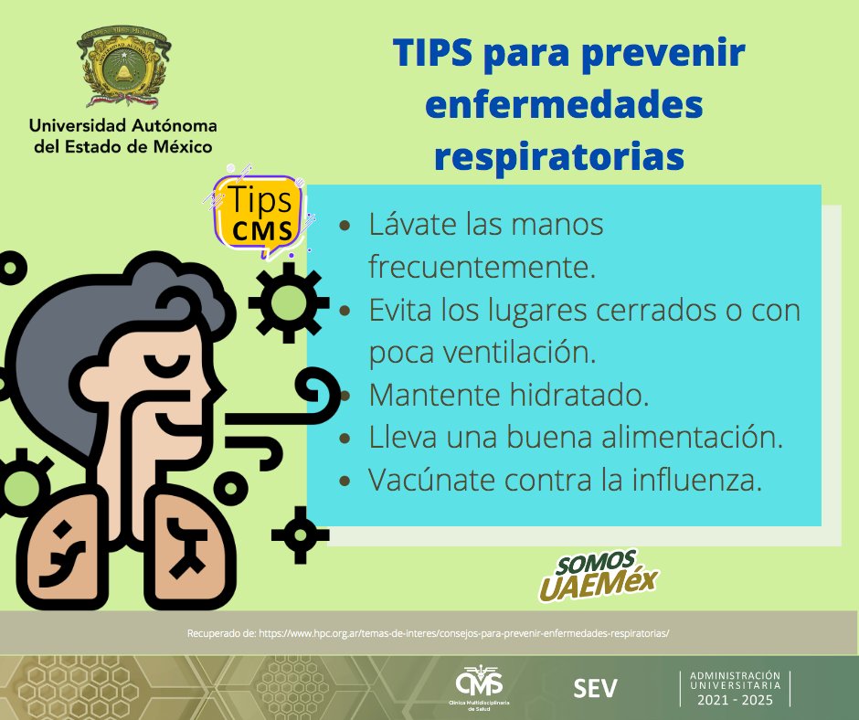 CMSUAEMex's tweet photo. ¡Cuidado con las enfermedades respiratorias!
Toma en cuenta estos #TipsCMS
#SomosCMSUAEMéx
#SomosUAEMéx https://t.co/OoJyvg9nnD