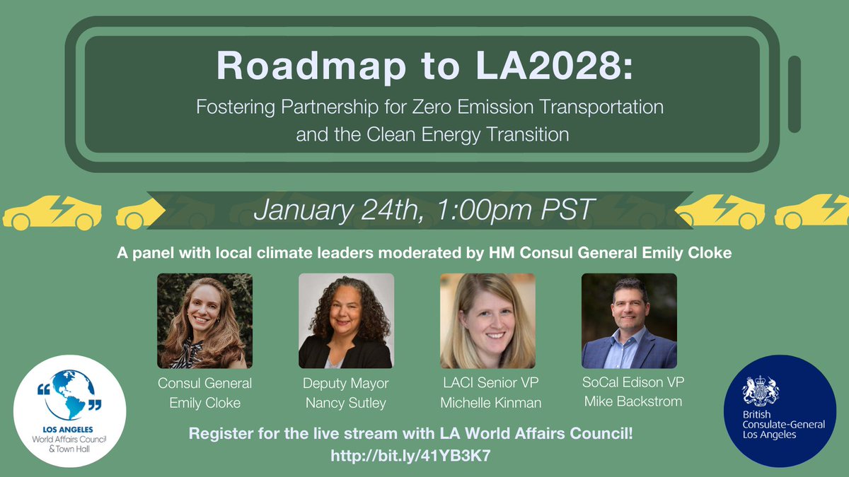 TOMORROW! Calling all #ClimateInnovators 🗣️How did a city famous for its stars and cars set one of the most ambitious plans to cut transportation emissions? Register to join the @UKinLA & @lawacthevents climate panel discussion, moderated by @EmilyClokeUK bit.ly/41YB3K7