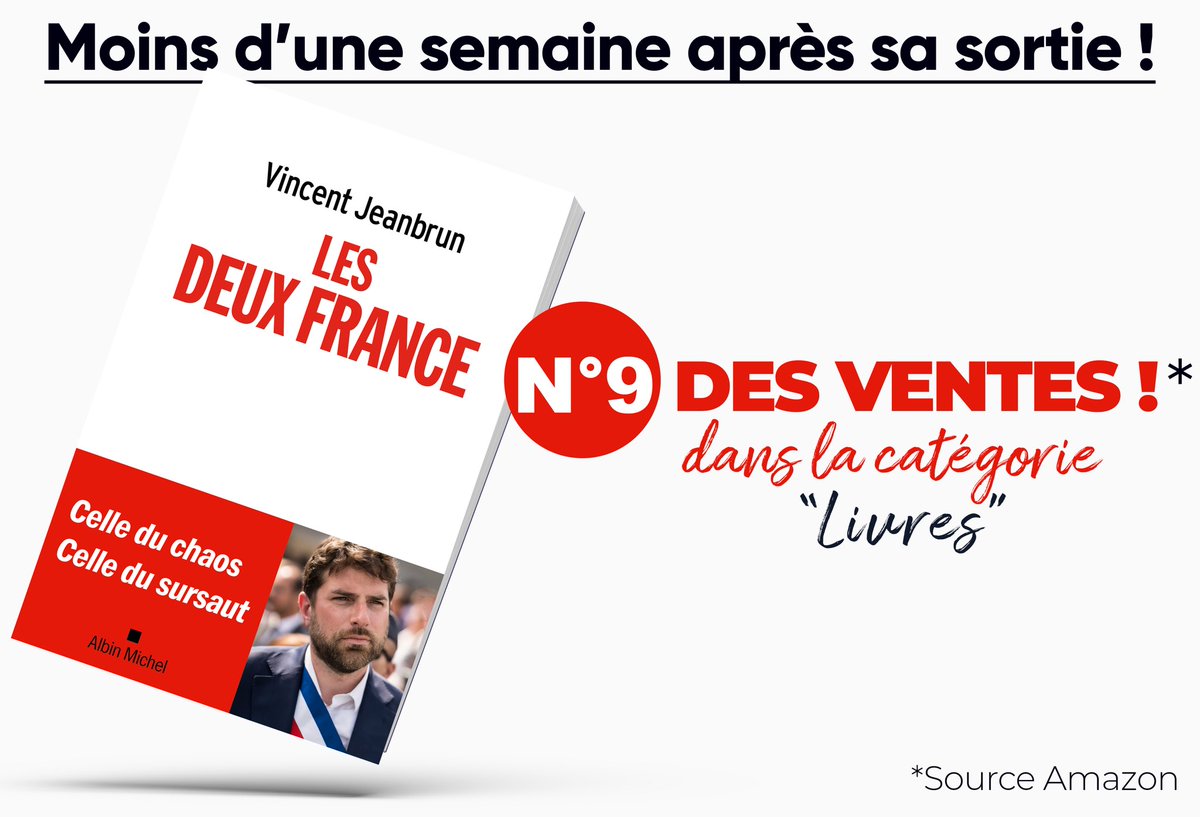 AvecVJ's tweet photo. 📕 Moins d’une semaine après sa sortie, le livre #LesDeuxFrance bat tous les records !

- Numéro 1 des ventes dans la catégorie « Politique française  »
- Numéro 1 des ventes dans la catégorie « Témoignages »
- Numéro 9 des ventes dans la catégorie « Livres ».

9ème livre de 🇫🇷 ! https://t.co/hkHeeki25r
