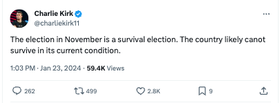 MattGertz's tweet photo. A sharp uptick in incendiary right-wing media rhetoric, with prominent influencers warning that the SCOTUS border ruling and potential Biden reelection are a threat to the survival of the country -- and the survival of their followers. https://t.co/VPegXlrsRc