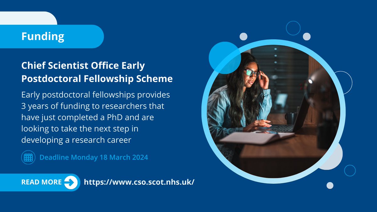 NHS Research Scotland (@nhsresearchscot) on Twitter photo .<a href="/CSO_Scotland/">CSO(Health)Scotland</a>'s latest round of Early Postdoctoral Fellowships are now open for applications.
The application deadline is Monday 18 March 2024 and successful candidates will be able to take up their fellowships from 1 August 2024.
Apply now ๐ cso.scot.nhs.uk/early-postdoctโฆ .<a href="/CSO_Scotland/">CSO(Health)Scotland</a>'s latest round of Early Postdoctoral Fellowships are now open for applications.
The application deadline is Monday 18 March 2024 and successful candidates will be able to take up their fellowships from 1 August 2024.
Apply now ๐ cso.scot.nhs.uk/early-postdoctโฆ