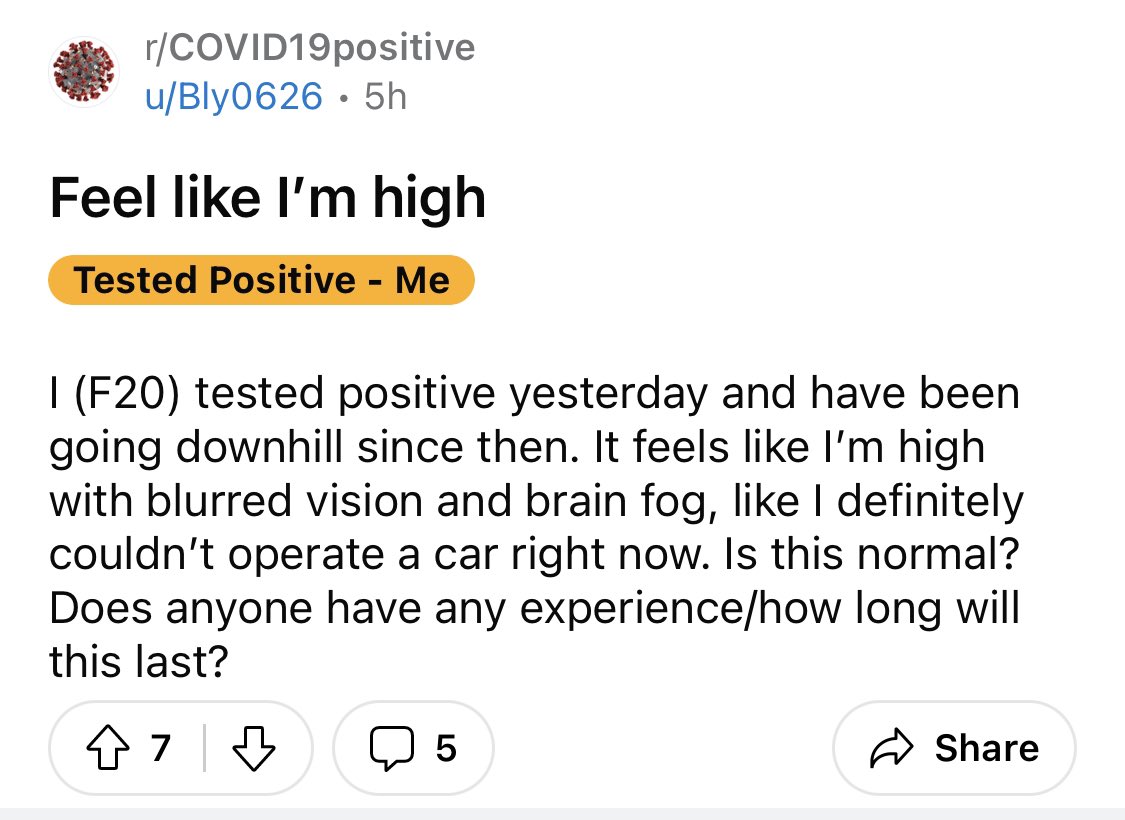 Celine on X: 20 yo woman with COVID feels like she is high and says she  couldn't operate a car. It's scary how much COVID affects the brain and I  suspect we