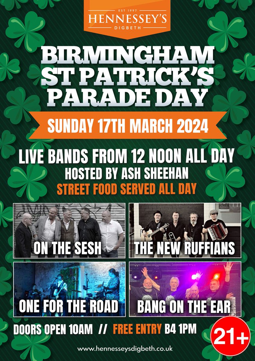 ☘️Here it is, the line up for St Patrick's Parade Day, Sun 17th March.☘️The best in live Irish music hosted by the brilliant <a href="/Grandmasterash1/">Grandmaster Ash</a> joined by On the Sesh, The New Ruffians, One for the Road &amp; Bang on the Ear.  Free entry before 1pm
#stpatricksday #digbeth #birmingham