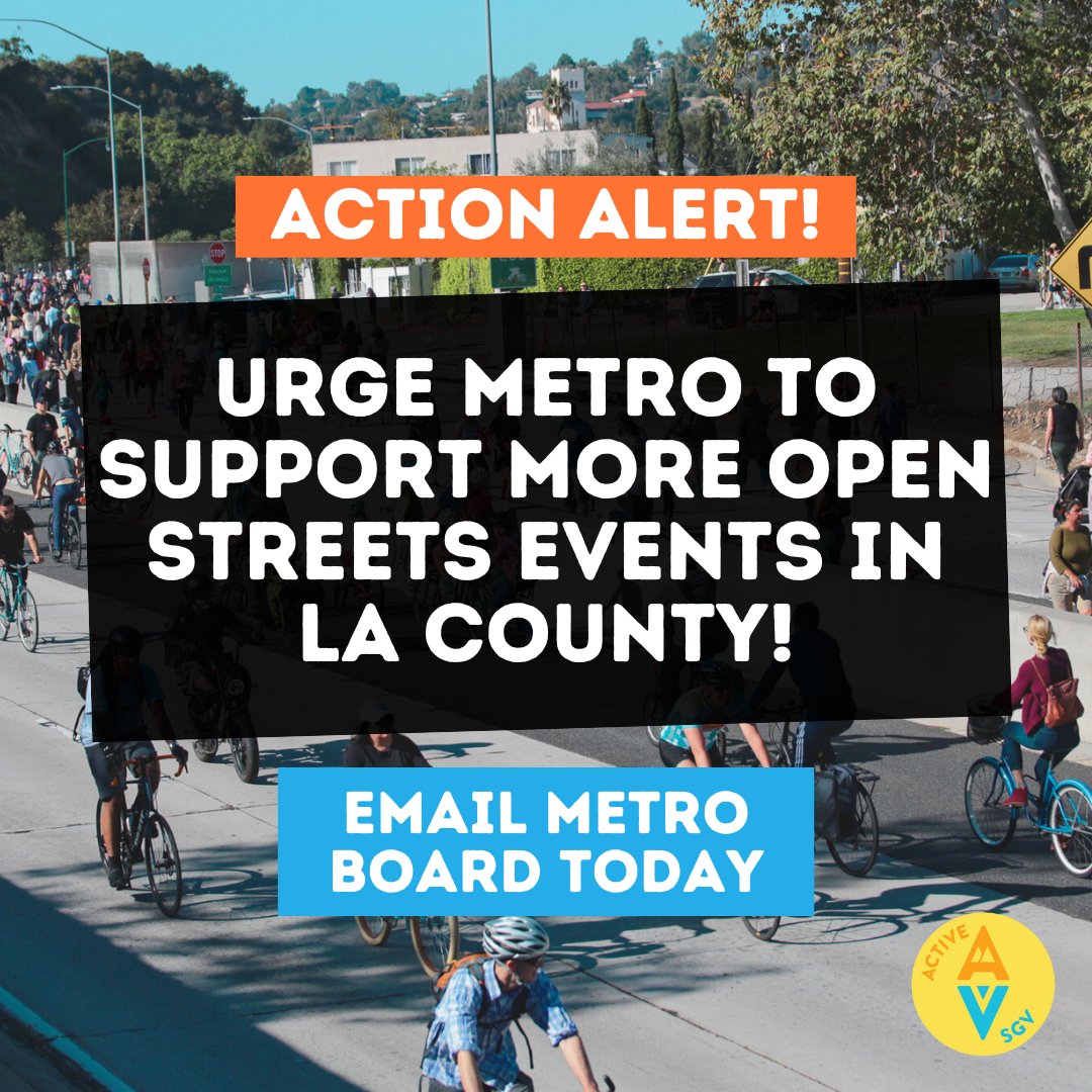 📣 Make your voice heard! 📩 Email the Metro Board by 5 PM, Jan 24, to support more funding for Open Streets events!

👩🏻‍💻 Read more on <a href="/StreetsblogLA/">StreetsblogLA</a>: la.streetsblog.org/2024/01/23/los…

📧 Send a One-Click E-mail: mailchi.mp/activesgv/acti…
