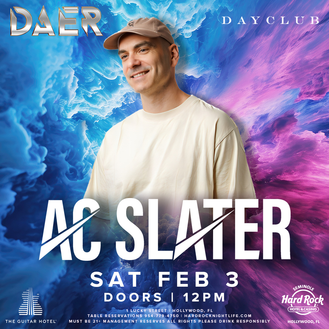 Crave the Bassline 🔊 <a href="/djacslater/">AC Slater</a> makes his #DAERDebut Saturday, February 3rd at DAER Dayclub 🌴

Limited early bird tix available.
Tickets: tixr.com/e/92314
Tables: sevn.ly/xl6zNyhM