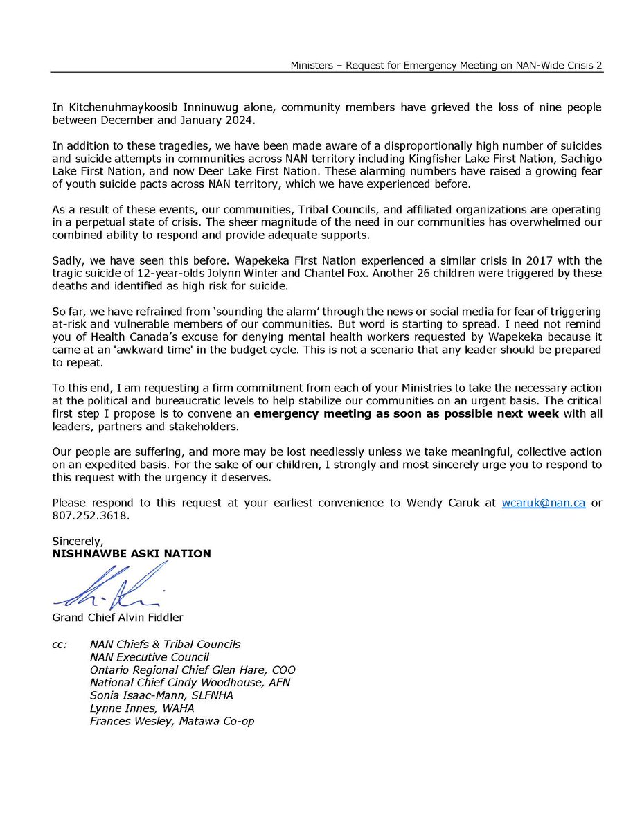 We continue to lose NAN children at an alarming rate. Last week another 12-year-old took her own life in Sachigo Lake.
I have invited our Treaty partners, Ontario &amp; Canada, to an emergency meeting in Ottawa tomorrow to help us develop solutions.
<a href="/JustinTrudeau/">Justin Trudeau</a> <a href="/fordnation/">Doug Ford</a>
