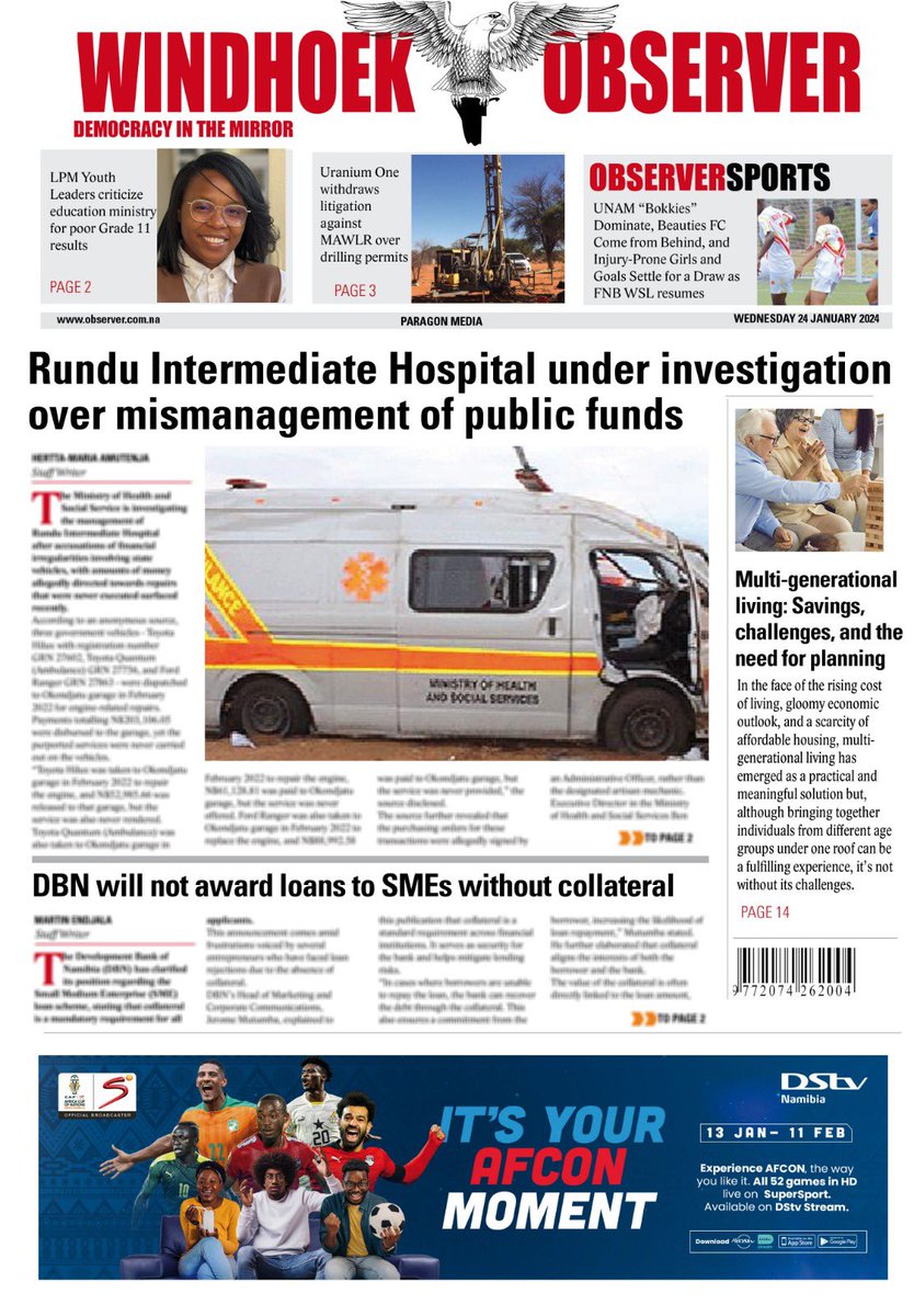ParagonNamibia's tweet photo. Your Wednesday front page 

#WindhoekObserver
#ParagonNamibia
#ParagonMedia https://t.co/xxqytcfJE7