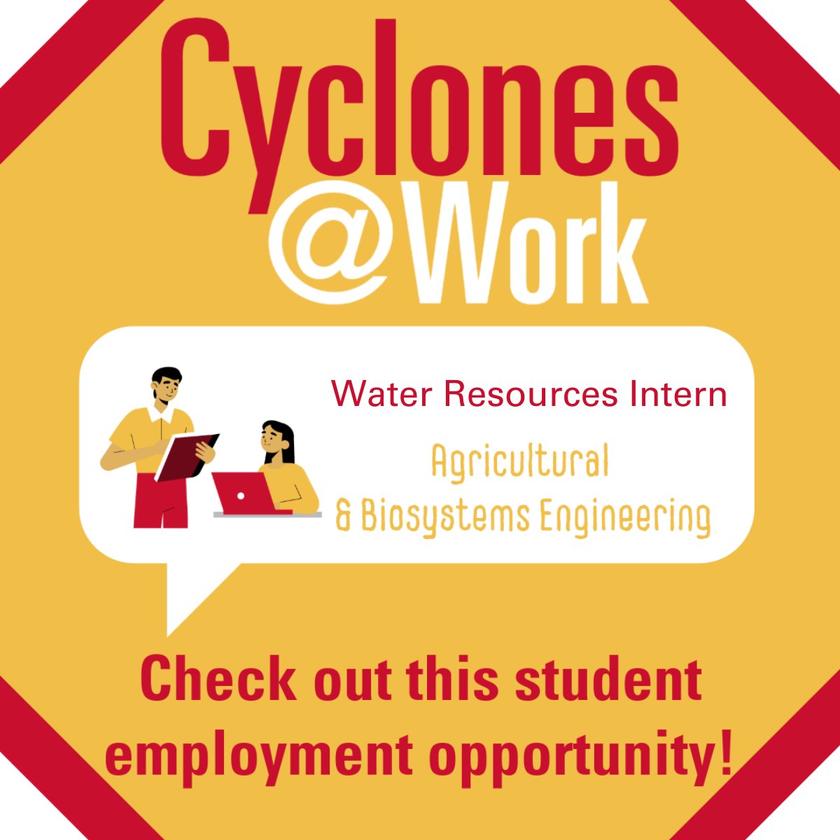 IAStateFinAid's tweet image. Looking for an internship for this summer?
Agricultural &amp;amp; Biosystems Engineering is hiring a Water Resources Intern. Find the job posting on the Student Job Board in AccessPlus for more information.

#CyclonesatWork