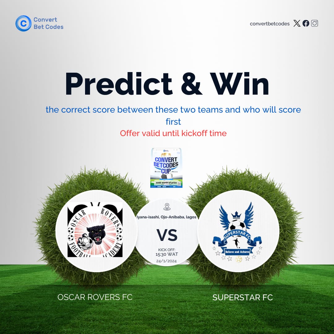 ConvertBetCodes's tweet photo. Next fixture! 2 lucky Winners!

Day 2 of the Convert Bet Codes Cup!

Predict the right score and who will score first

Like, RT, follow and type #CBCcup in the comment to qualify.

#AFCON2023
#TotalEnergiesAFCON2023 https://t.co/e8eEUSzXWw