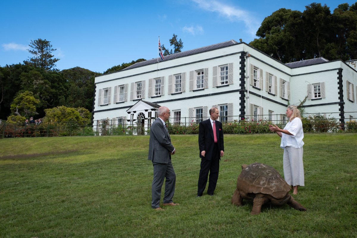 HRH The Duke of Edinburgh has arrived on our remote British Overseas Territory today, and one of his first stops was of course meeting 192-year-old Jonathan the Tortoise, the oldest living land animal in the world! @RoyalFamily #StHelena #StHelenaisland #jonathanthetortoise