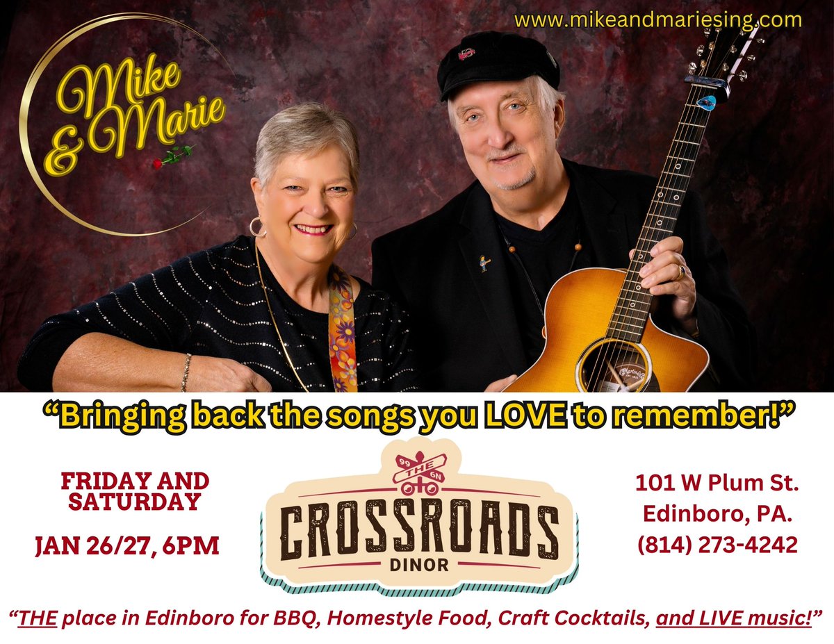mikeandmarie53's tweet photo. M&amp;M are back to their monthly Edinboro home this weekend. Friday AND Saturday! We'll have the request line open all night. Come on out for a great meal and the great songs of the 60's through the 80's and beyond ... the songs you LOVE to remember! https://t.co/eNTt4IWDYu