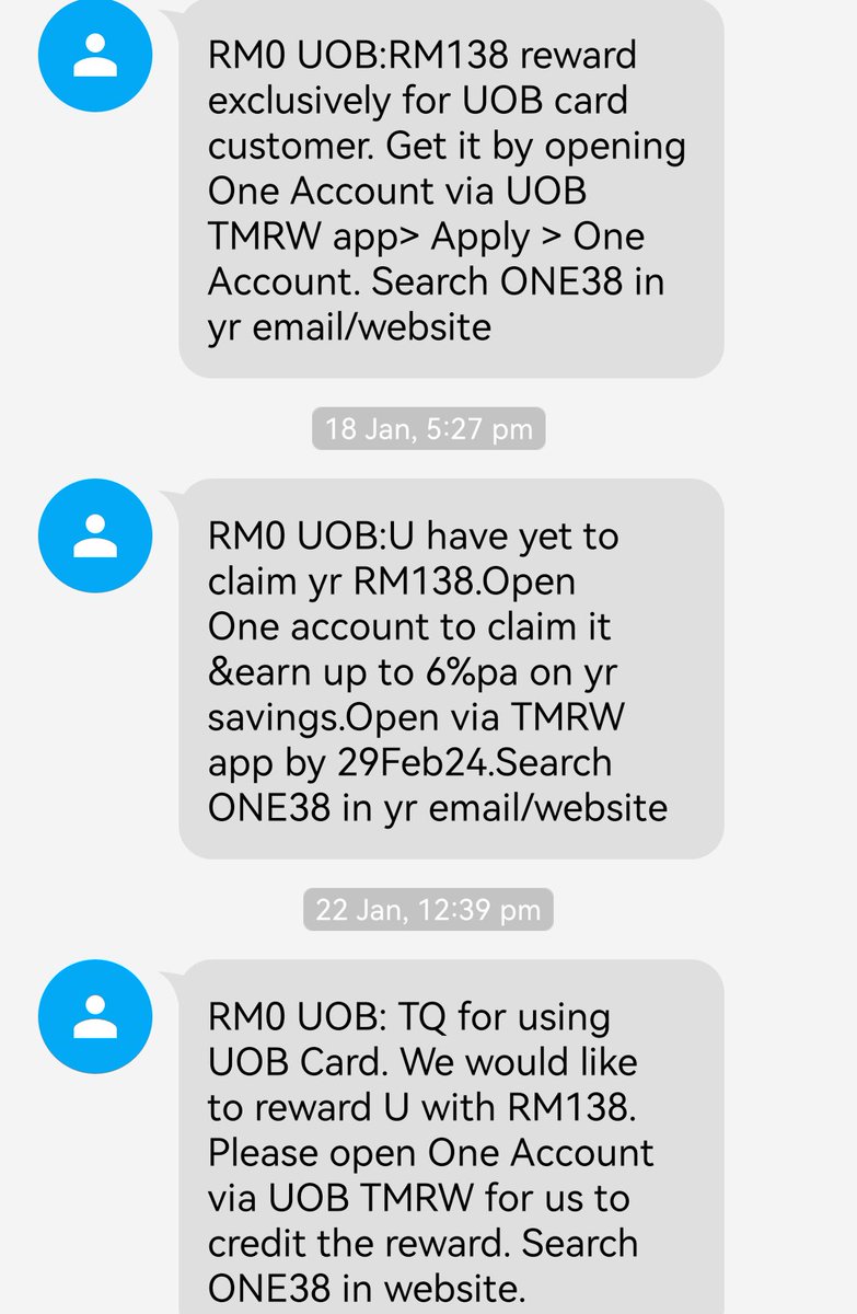 virtualmetal's tweet photo. @aiyaks @NikShariff92 UOB ni kaki spam sms. Dah 15 kali dah dok sms suruh bukak One Account. Terminate jugak kang nanti. Serabut. https://t.co/0h2Hvkb9Oq