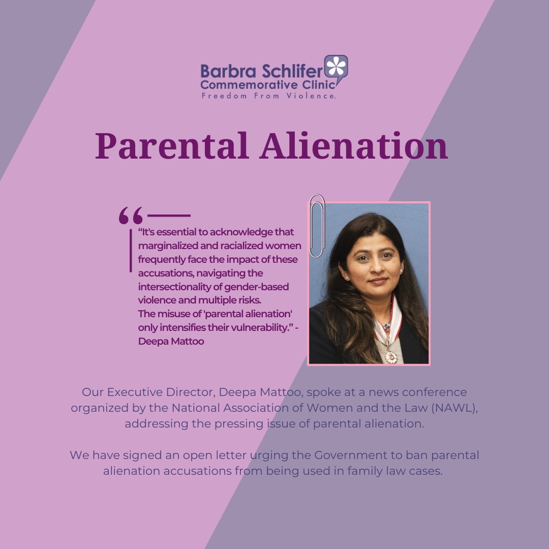 schliferclinic's tweet photo. Today, our ED Deepa Mattoo spoke on parental alienation at the NAWL press conference, stressing the burden on marginalized women in family law. Schlifer Clinic supports @NawlCanada, urging Canada to ban parental alienation accusations. ➡️ https://t.co/J6gdDFlpsA #StopAlienation https://t.co/dHwfHBhyC9