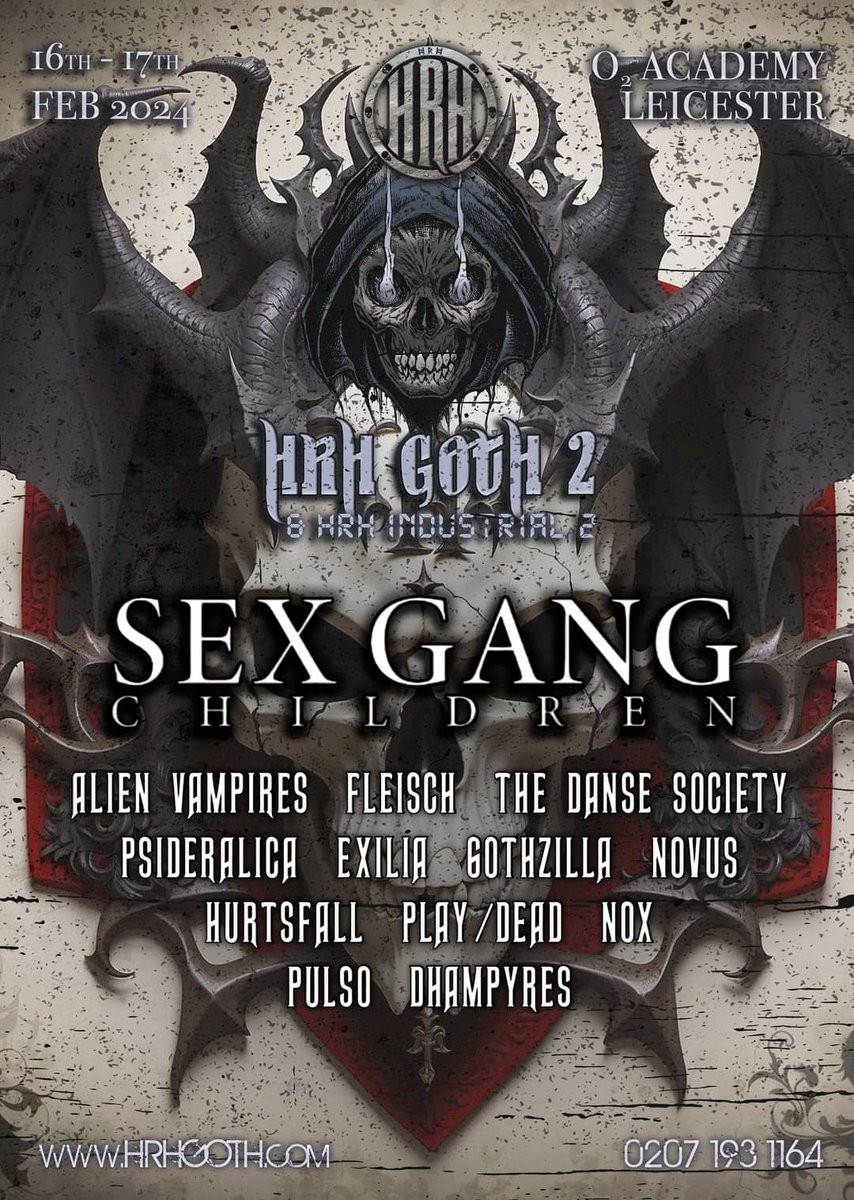 Sex Gang to perform at the HRH Goth Festival, Leicester at the 02 Academy. Feb. 17th 2024.