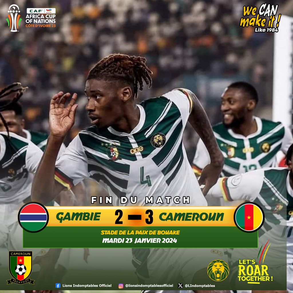 ⚽️🔥 #MATCHDAY

Les #LionsIndomptables  dominent la Gambie et se qualifient pour les huitièmes de finale de la CAN 2023. 💪🏾

#GAMBIE 🇬🇲 2️⃣➖3️⃣ 🇨🇲 #CAMEROUN 

📆 23/01/2024
🏟️ Stade de la paix 
📍 Bouake

#GAMCMR | #WECANMAKEIT | #CANTOTALENERGIES2023 | #CMRMAU | #GOLIONS |