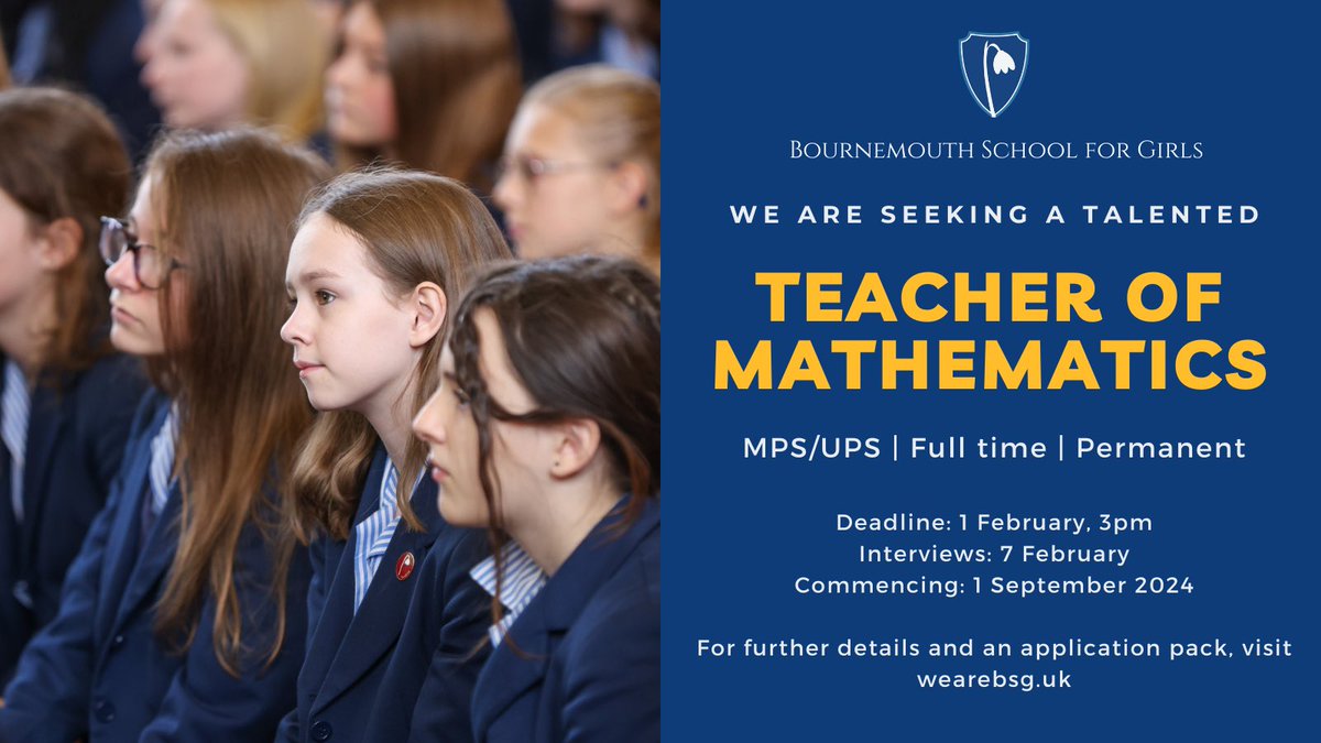 🧮 An exciting opportunity has arisen to join our high-performing Maths Department. 
Full details here: tes.com/jobs/vacancy/t…
#weareBSG #workhard #bekind #beambitious