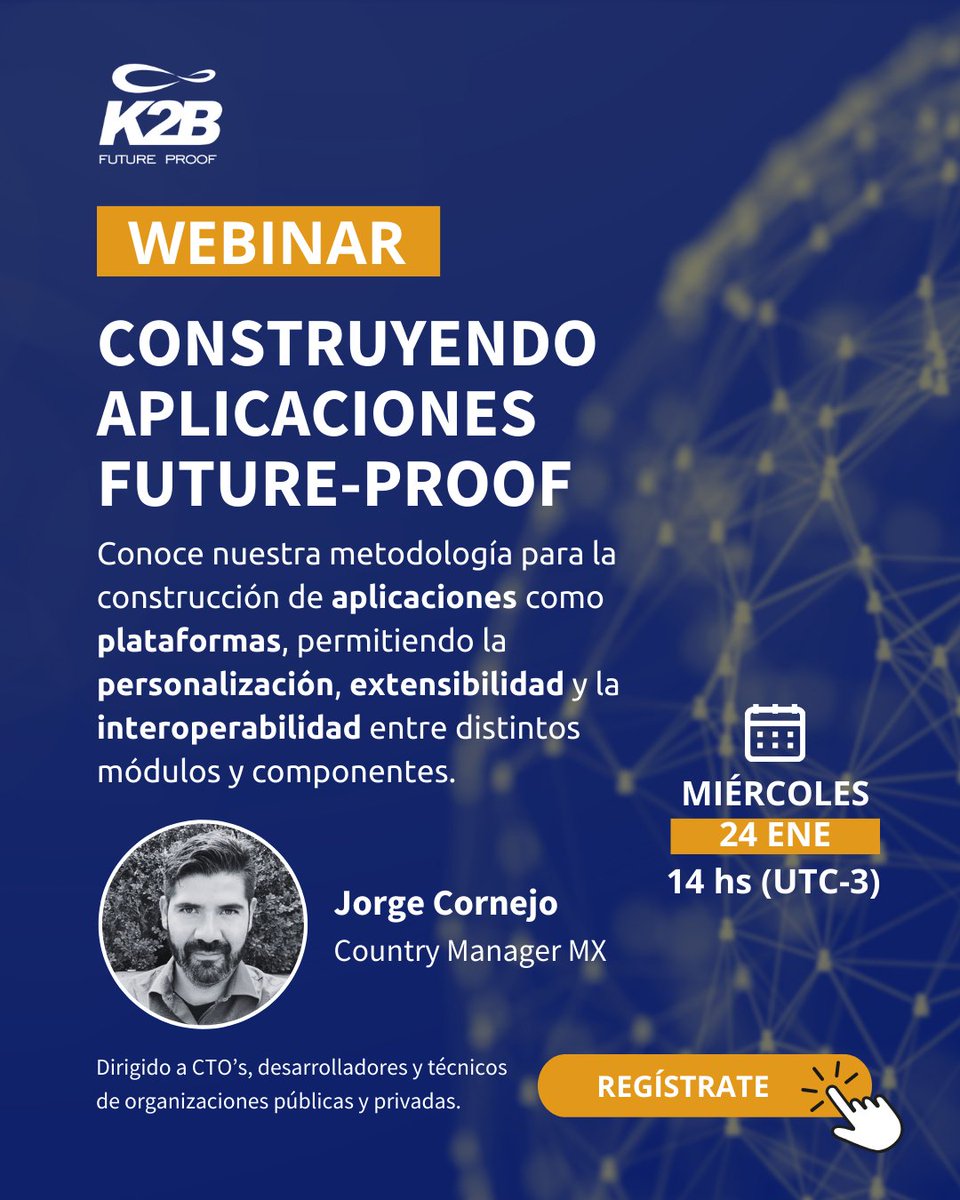 ¡Mañana! #Webinar: Construyendo Aplicaciones Future-Proof.💡 Presentaremos nuestra metodología para la construcción de aplicaciones como plataformas

🗣 Enfocado para CTO's, desarrolladores, técnicos y entusiastas de la tecnología.

Regístrate 👉 bit.ly/K2B-Webinars