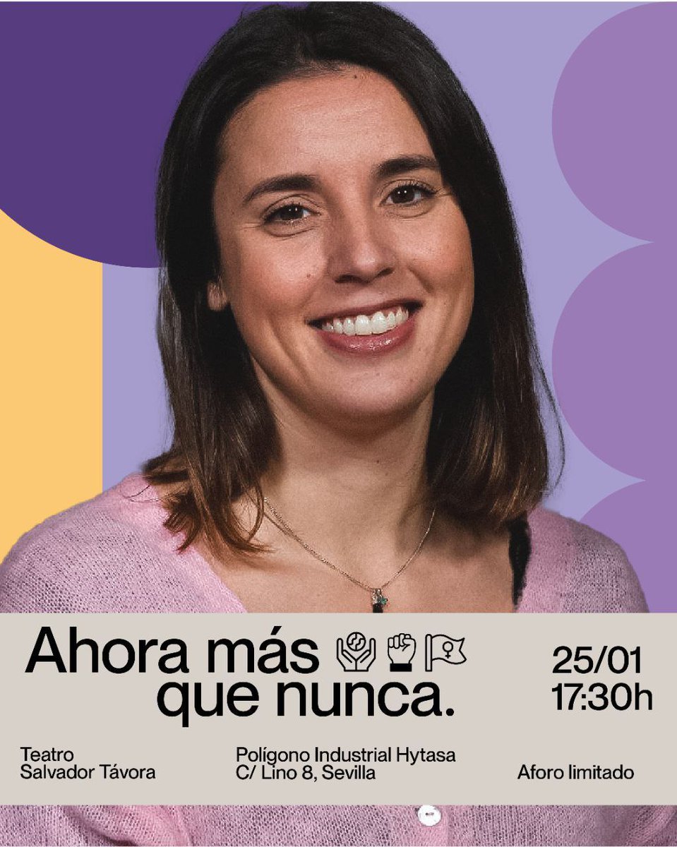 El jueves 25 de enero @IreneMontero estará en Sevilla. No faltes a la cita.
#AhoraMásQueNunca 
#IreneMonteroAEuropa