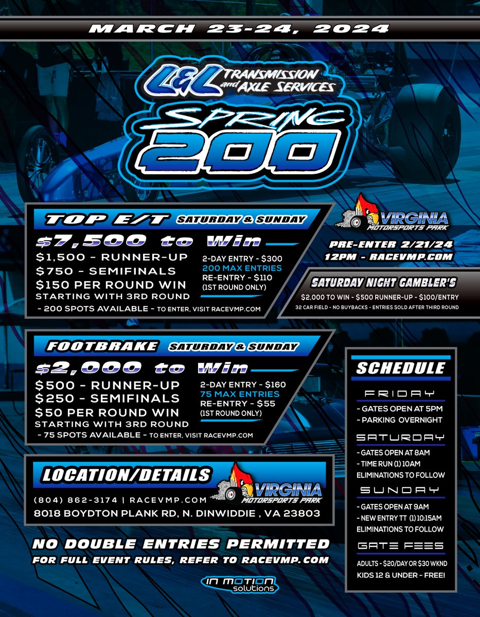 The first chance for big money bracket racing at @RaceVMP in 2024, the L&L Transmission & Axle Services Spring 200, on March 23-24. $7,500/Win in Super Pro and $2,000/Win in Footbrake on both days! 📅 Pre-Entry: Wednesday, February 21 at 12pm EST on RaceVMP.com.