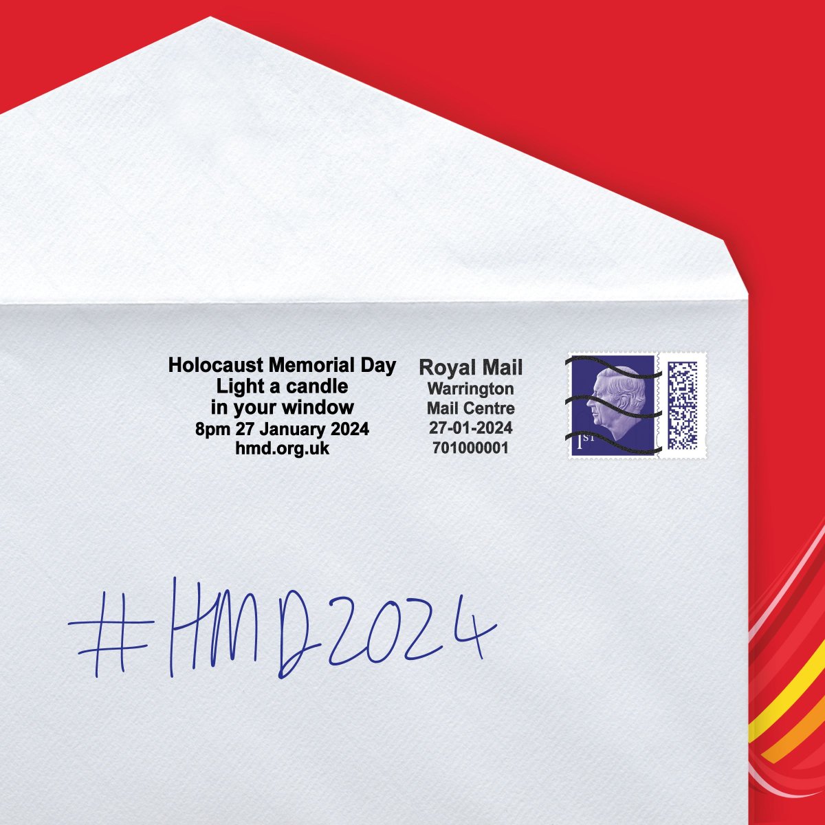 HMD_UK's tweet photo. Look out for the @RoyalMail #HolocaustMemorialDay postmark which will appear on stamped mail in the lead up to #HMD2024.

Tweet us a photo if you spot it! #LightTheDarkness https://t.co/BBLeyUkiXk