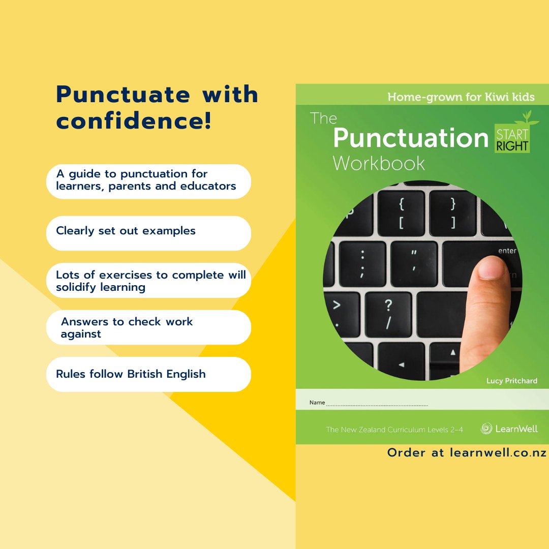 LearnWellNZ's tweet photo. Ever wondered when to capitalise 'Mum' or 'Dad'?  Confident with commas, or up for a quiz on quotation marks? How about those semi-certain semicolons? 
Equip your learner with the Start Right Punctuation Workbook. https://t.co/oyDcDqlcIT #PunctuationMatters #StartRight https://t.co/RNICjulqHj