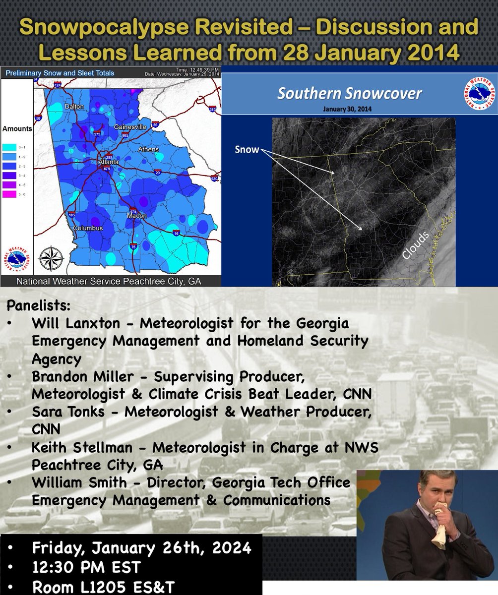 Join us this Friday, January 26th for a discussion with our 5 expert panelists who will speak on one of the most impactful winter weather events in recent memory in the Atlanta, Georgia area. Here is a link to more information: cos.gatech.edu/events/atlanta…