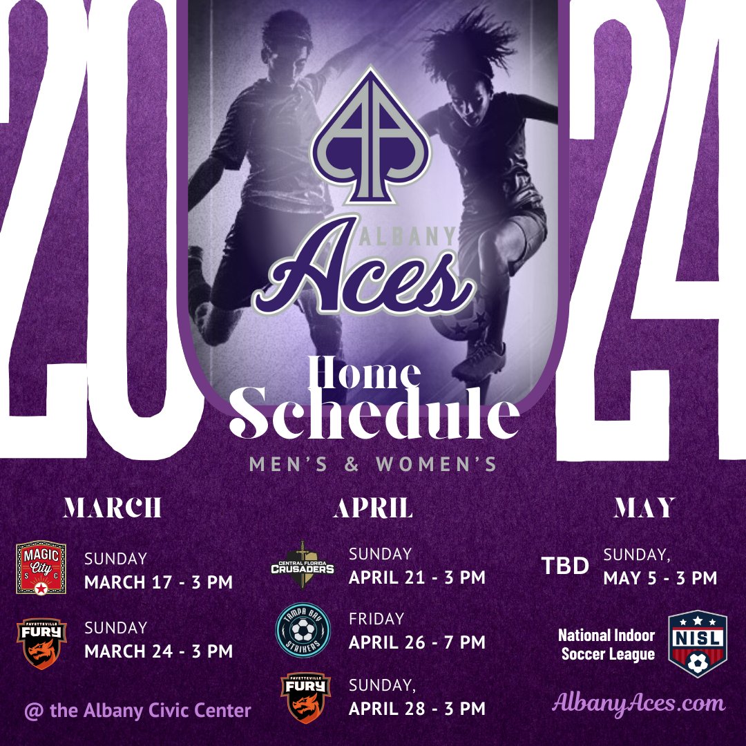 Home schedule for our inaugural season. Hope to see you at the Civic Center! Buy tix at the link:
albanyaces.com/tickets