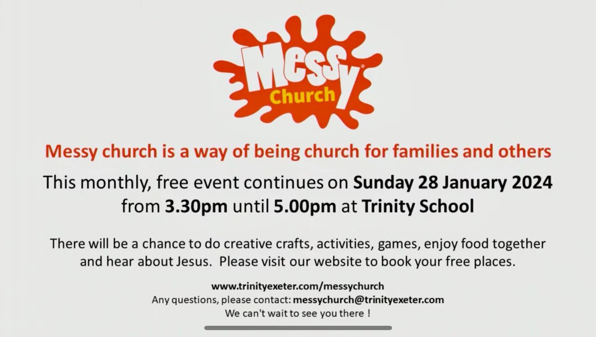 TrinityExeter's tweet image. Messy Church is back at Trinity Church in Exeter this Sunday afternoon. We’d love to see you there. 

Drop us a note if you’d like to come - it’s Free - fun - and there is food  buff.ly/3T5aqgq