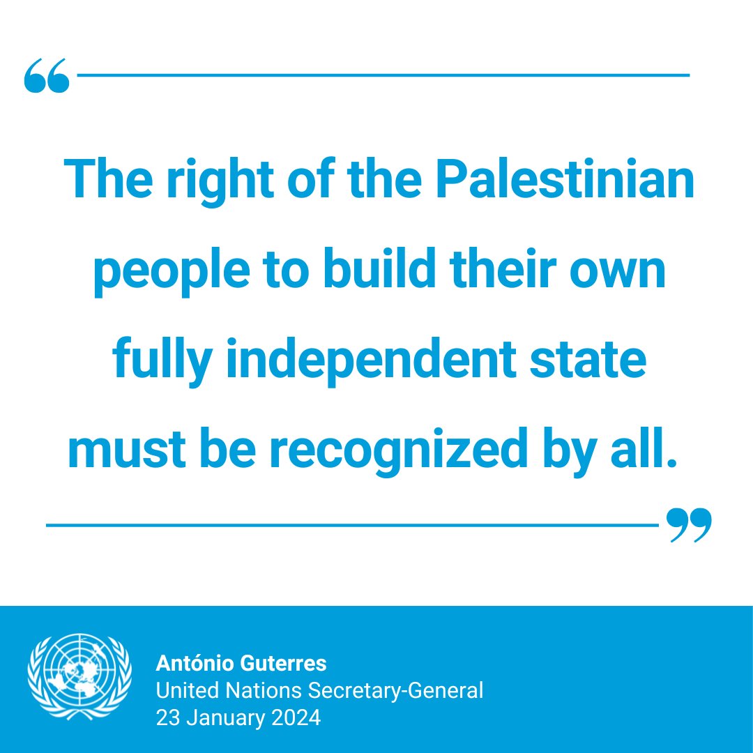United Nations (@un) on Twitter photo “The right of the Palestinian people to build their own fully independent state must be recognized by all.”
Speaking on the crisis in the Middle East, <a href="/antonioguterres/">António Guterres</a> says any refusal to accept the two-state solution must be firmly rejected. un.org/sg/en/content/… “The right of the Palestinian people to build their own fully independent state must be recognized by all.”
Speaking on the crisis in the Middle East, <a href="/antonioguterres/">António Guterres</a> says any refusal to accept the two-state solution must be firmly rejected. un.org/sg/en/content/…