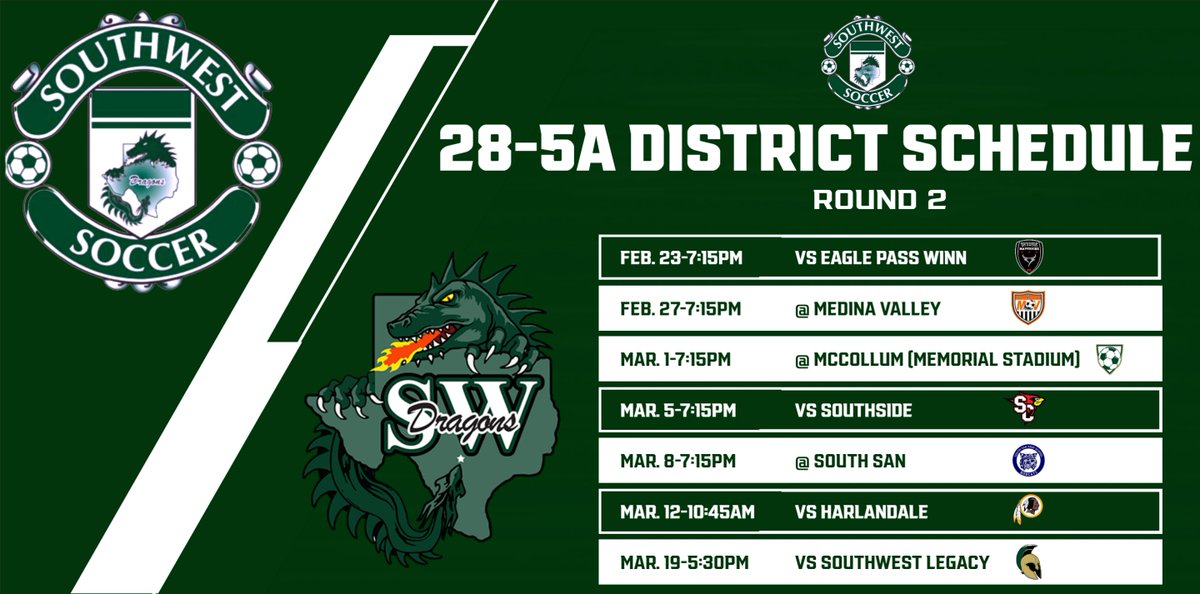 We are one week away from District play!!

Mark those calendars, gas the car up, wear green, and be loud!!

See y'all out there!!!

#oneteamonedream  
#destinationSWISD