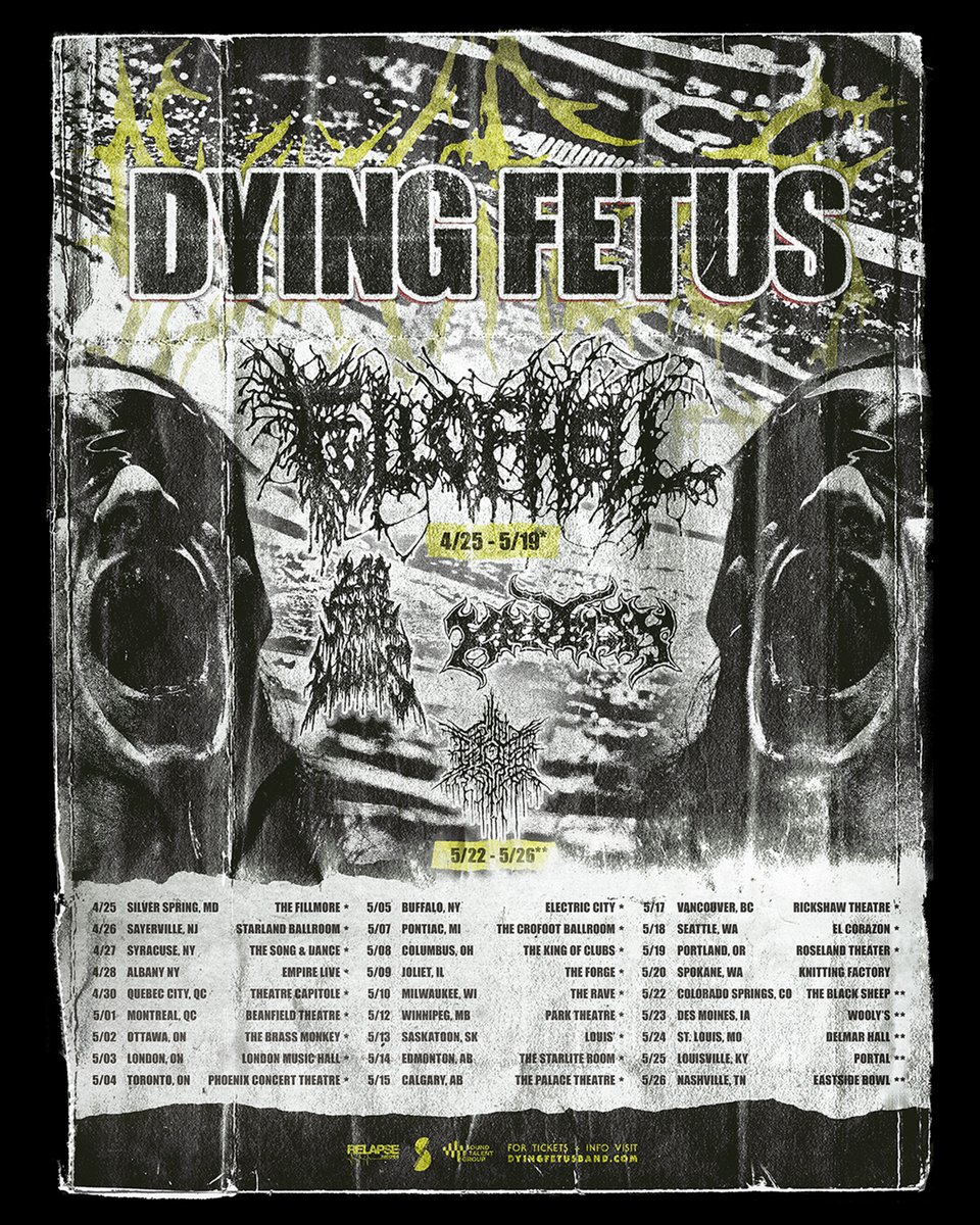 Death metal Overlords <a href="/DyingFetusBand/">Dying Fetus</a> announces late Spring North America headline tour with special guests Full of Hell (4/25 -5/19), 200 Stab Wounds, Kruelty and Psycho-Frame (5/22-5/26)

Tickets on sale Friday at 10am local time

dyingfetusband.com