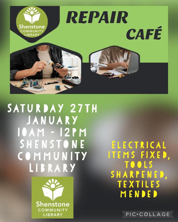 Our Repair Cafe returns this Saturday after a Christmas break. 
Please bring along any tools for sharpening, electrical items for fixing or textiles to be mended.