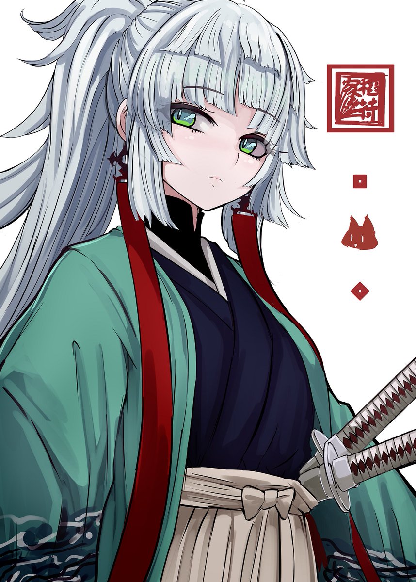 1girl weapon sword green eyes solo katana japanese clothes  illustration images