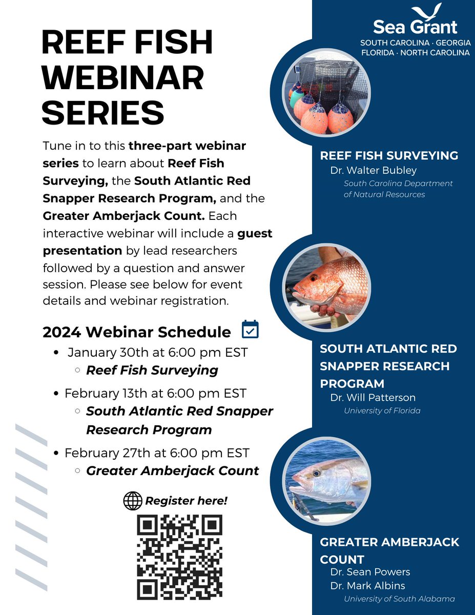Check out this webinar from our Sea Grant colleagues:

To register, follow the QR code or visit the following link: register.gotowebinar.com/regi.../758782…

#SeaGrant #fisheries #reeffish #research #SouthAtlantic #GulfofMexico #redsnapper #greateramberjack