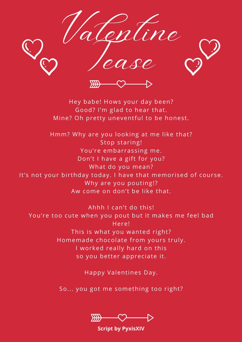 PyxisXIV's tweet image. Valentine Tease 

─── ⋆✩⋆ ───
A gender-neutral asmr/rp script - free for use!  You would never forget valentines day but wouldn&apos;t it be fun to tease your partner a little? Feel free to change the pet name if you want!

#Vtuber #ASMRscript #ASMR