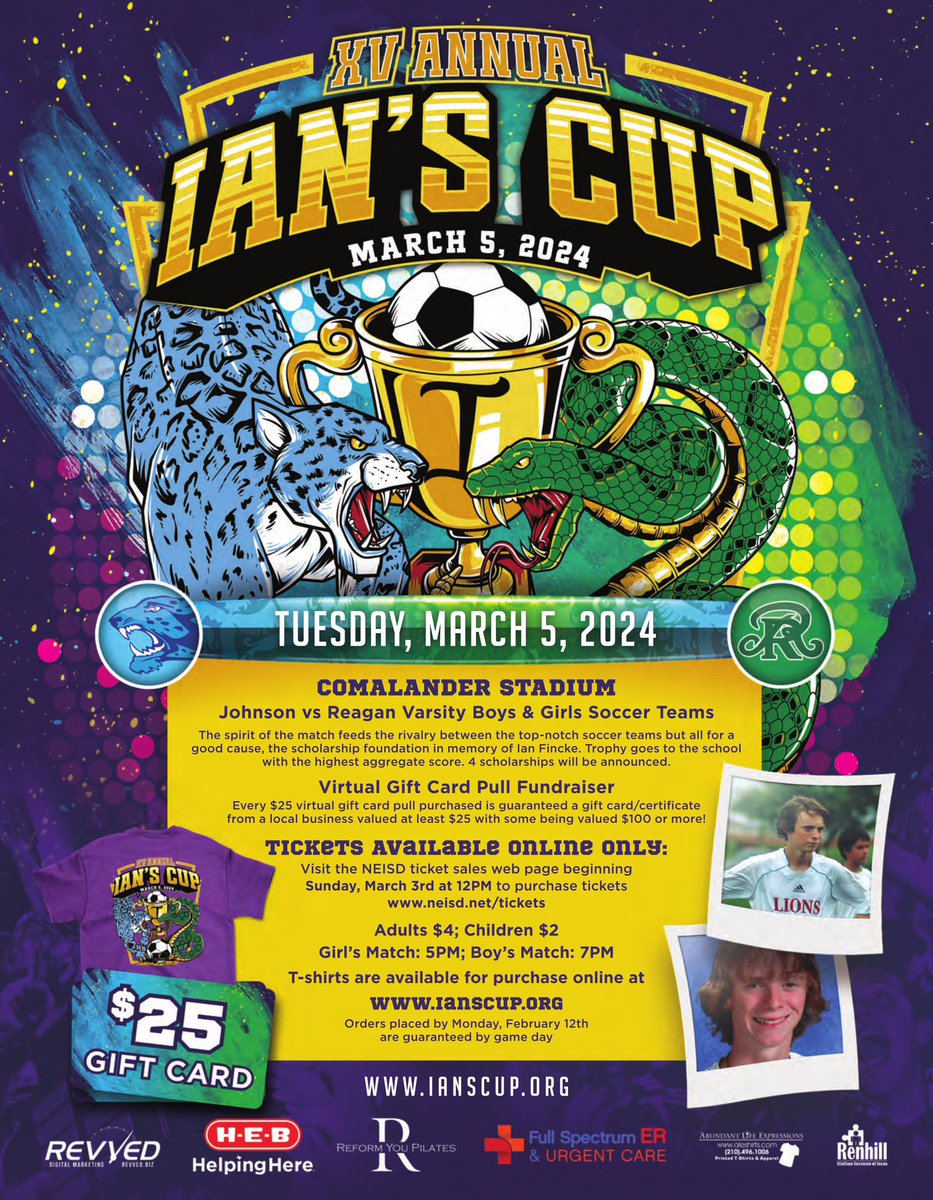 Ian’s Cup Apparel window is now OPEN! All orders must be placed by Monday, February 12th. This year's event will be held on Tuesday, March 5th at Comalander Stadium. Please see flyer for more details. IansCup.org 💜