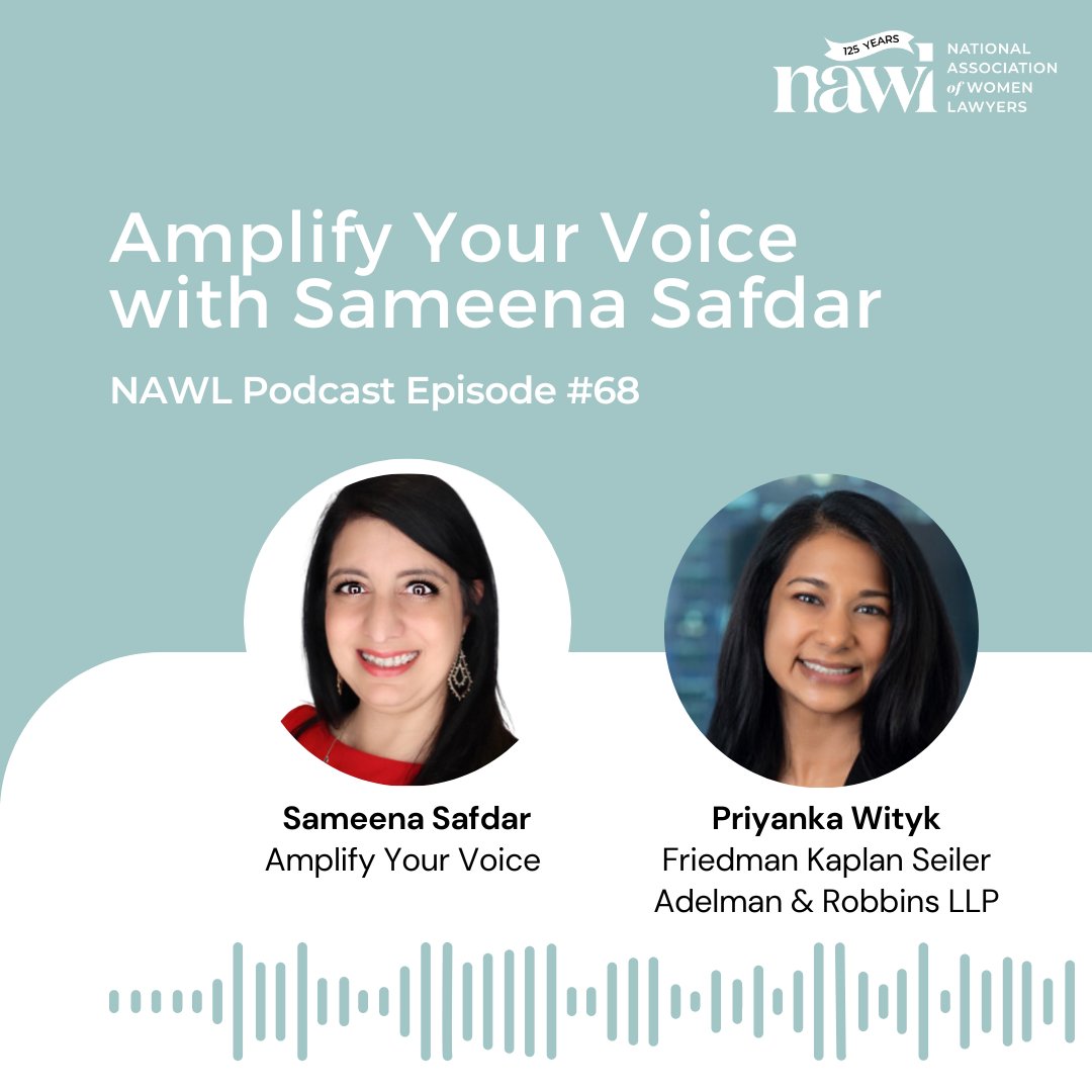 Check out the latest #NAWLPodcast episode featuring a conversation with Sameena Safdar and Priyanka Wityk! Listen here: nawl.org/women-lawyers-…

#NAWLWomeninLaw #AmplifyYourVoice #Podcast