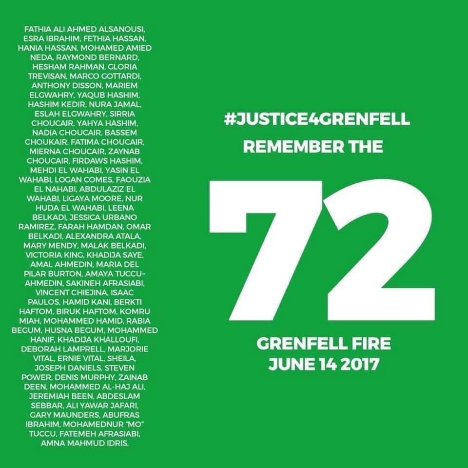 #Grenfell Testimony Week where those affected by the Tower Fire, during the early hours of 14.6.17, speak directly to those that failed them. That’s courage 💚 Remember The 72 💚