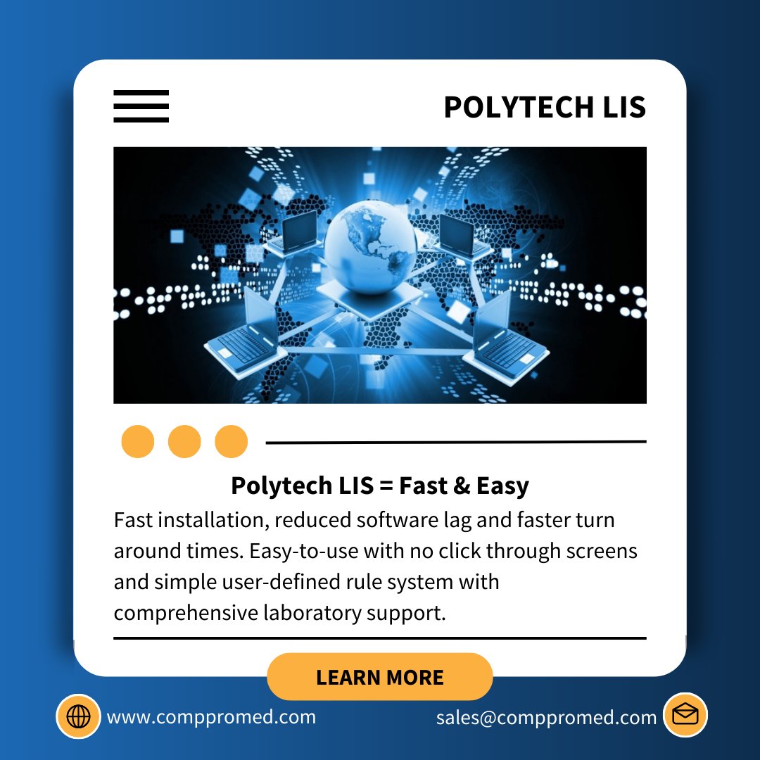 CompProMed's tweet image. Polytech LIS = Fast &amp;amp; Easy
mailchi.mp/comppromed/pol…
#clinicallabdirector #labdirector #labmanager #laboratoryinformationsystem #pgx #labinformatics #LIMS #CAP #CLIA #cytology #toxicology #pathology #pharmacogenic #RCM #EHR #Interoperability