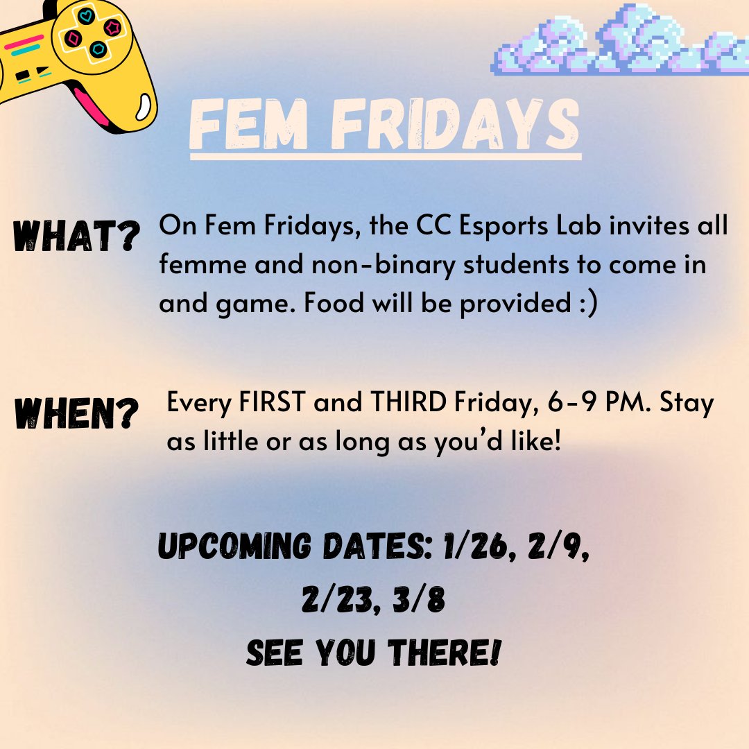 Our first Fem Friday of the year is happening this Friday (1/26) from 6-9pm! Food will be provided! Hope to see you there :)