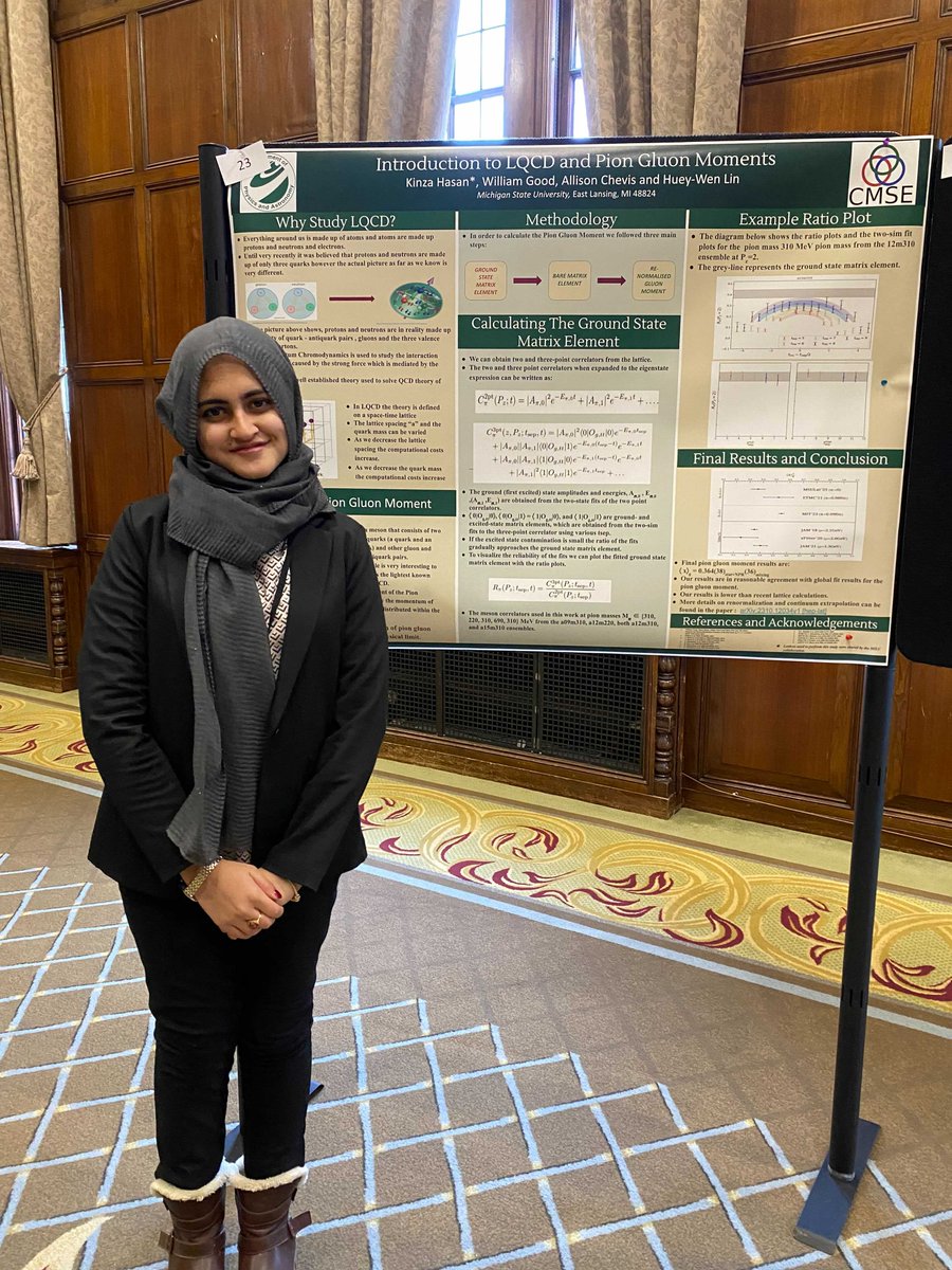 LinQCD's tweet photo. The group's undergraduate student, Ms Kinza Hasan (sophomore) presented our pion gluon moment paper at this year's @APSphysics #CUWiP. She had a great time learning and talking to many junior and senior physicists. Thank you @UmichPhysics for hosting! https://t.co/JM9gOVchSm