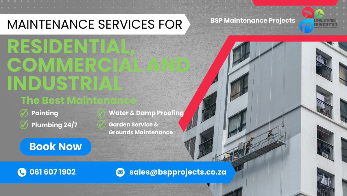 BSPProjects's tweet image. Keep Your Property Pristine!, BSP Maintenance Projects – Your Solution for Property &amp;amp; Facility Care. We’re here to offer top-notch services that include:
Painting , Damp &amp;amp; Waterproofing , Plumbing Services &amp;amp; Grounds Maintenance.

bspprojects.co.za

#bspmaintenanceprojects