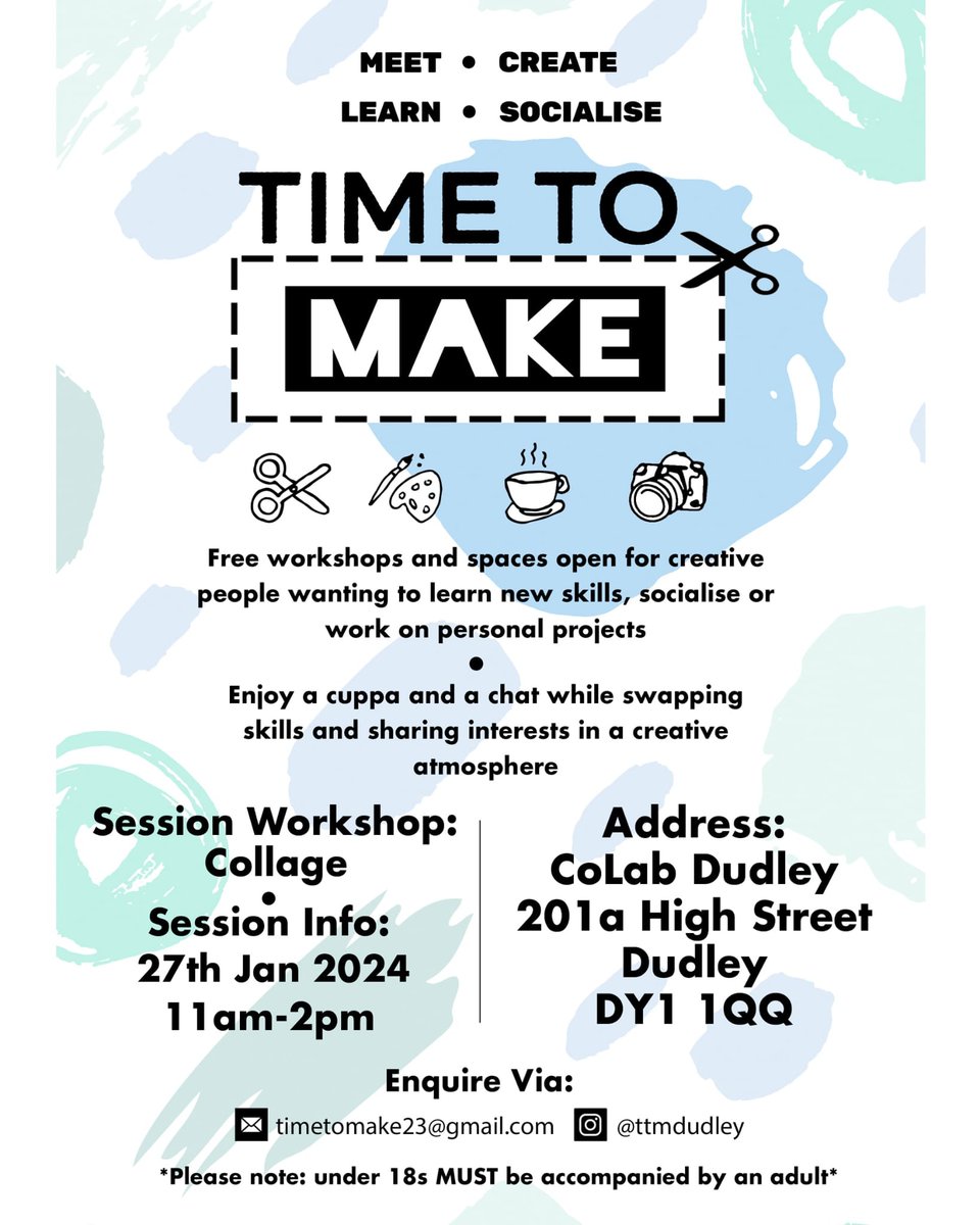 Fancy getting creative in Dudley? Join the Time to Make team this Saturday for a free relaxed collage session. Everyone welcome-no experience or equipment needed. A warm welcome and cuppa guaranteed! Insta @ttmdudley #dudleycreates #timetomake #createtogether #maketogether