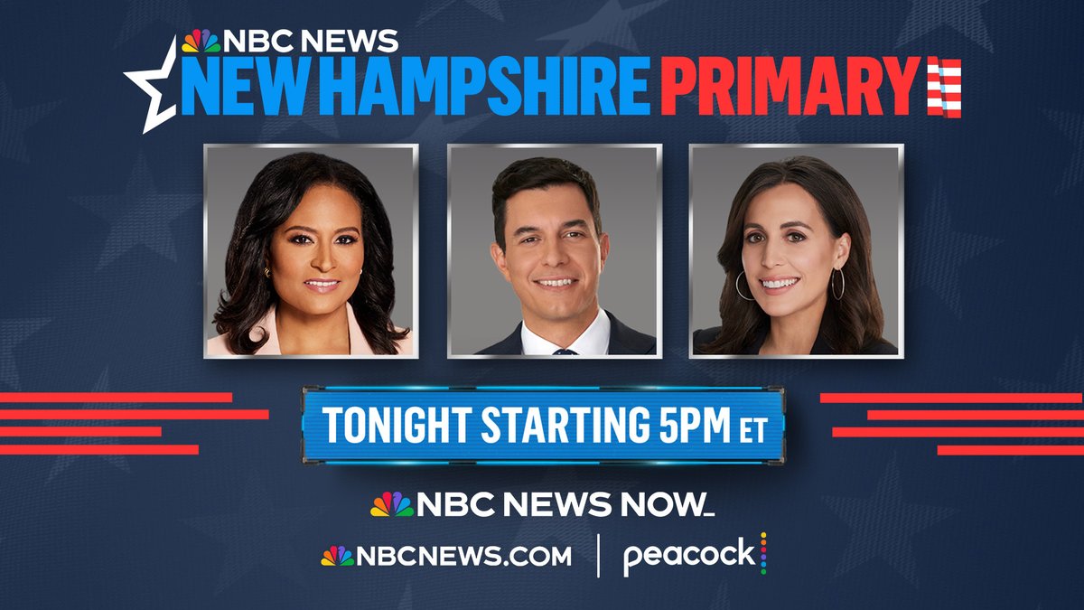 TONIGHT: @NBCNews' 'Decision 2024' coverage of the New Hampshire primary begins on @NBCNewsNOW at 5pm ET. Join @kwelkernbc, @LlamasNBC and @HallieJackson for the latest breaking news, results and analysis throughout the night. WATCH: NBCNews.com/NOW