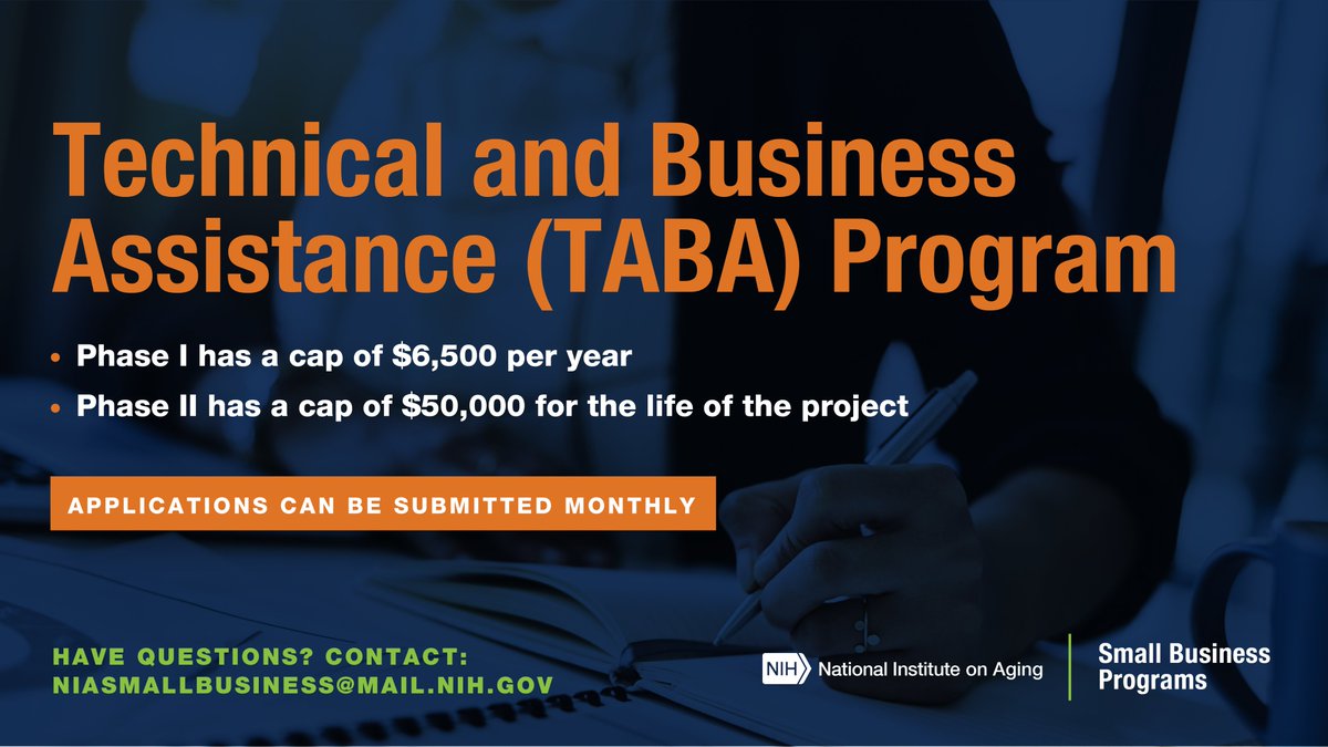 Are you currently applying for the #SBIR & #STTR programs? Consider requesting Technical & Business Assistance (TABA) funding when you apply! #TABA supports companies in solving technical problems, minimizing risk, & more. Get details: bit.ly/3HVgdkJ #NIAFunded
