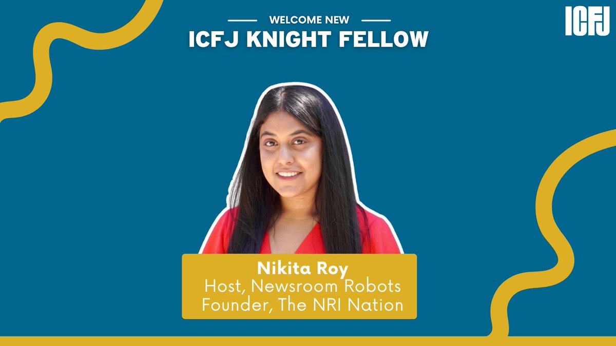 ICFJ Knight Fellowships (@icfjknight) on Twitter photo Introducing our new <a href="/ICFJ/">International Center for Journalists</a> Knight Fellow <a href="/ByNikitaRoy/">Nikita Roy</a>!
Data scientist, media founder and podcast host of <a href="/NewsroomRobots/">Newsroom Robots</a>, Nikita will teach journalists AI literacy and look at how AI-powered tools can improve sustainability for community media.
For more⬇️
icfj.org/about/profiles… Introducing our new <a href="/ICFJ/">International Center for Journalists</a> Knight Fellow <a href="/ByNikitaRoy/">Nikita Roy</a>!
Data scientist, media founder and podcast host of <a href="/NewsroomRobots/">Newsroom Robots</a>, Nikita will teach journalists AI literacy and look at how AI-powered tools can improve sustainability for community media.
For more⬇️
icfj.org/about/profiles…